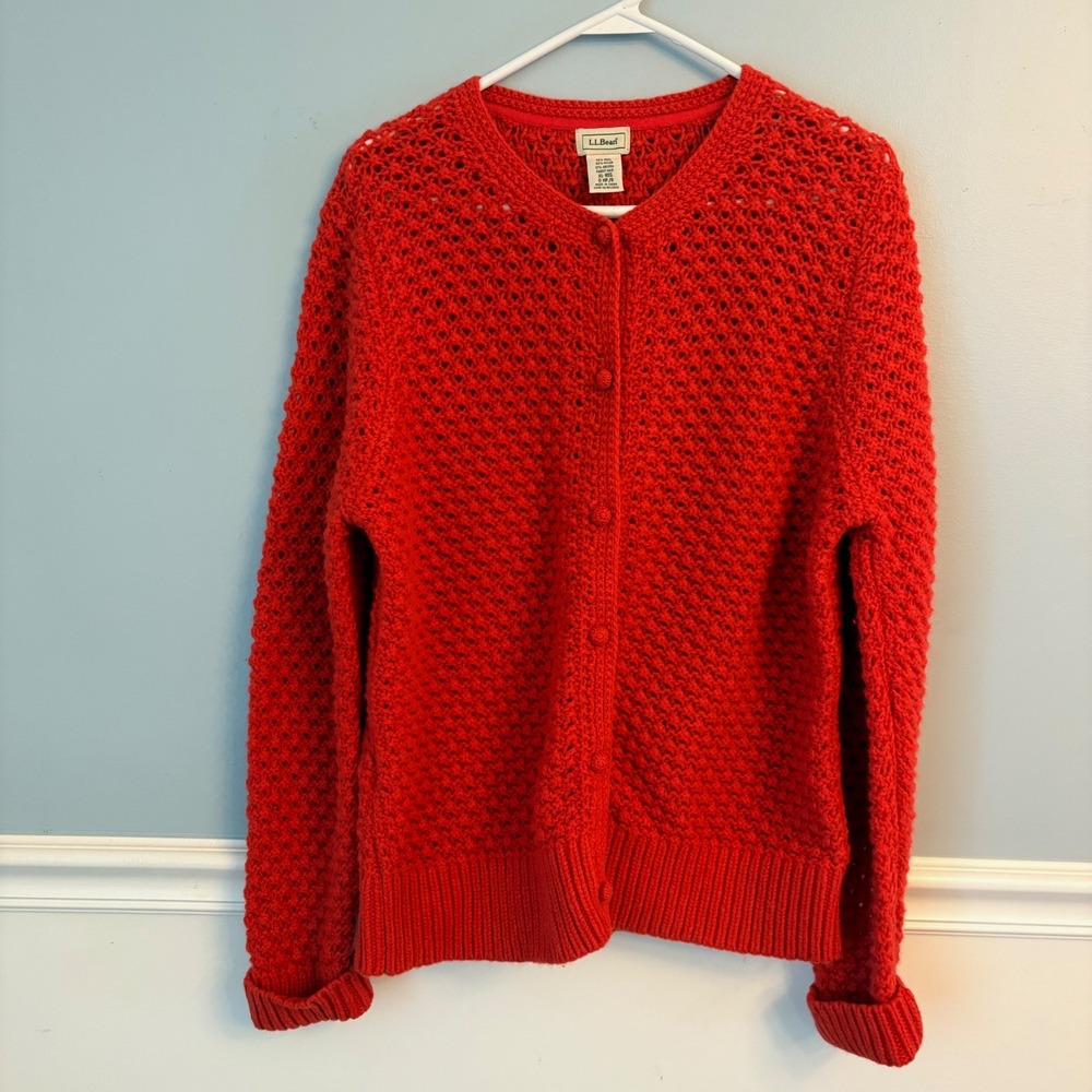 Vintage LL Bean Red Wool Angora Open Knit Chunky Cardigan Sweater Crochet XL